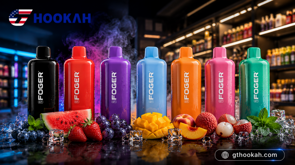 Foger GT vape flavors displayed in a retail environment with GT Hookah branding, fresh fruit, ice, and vape shop background