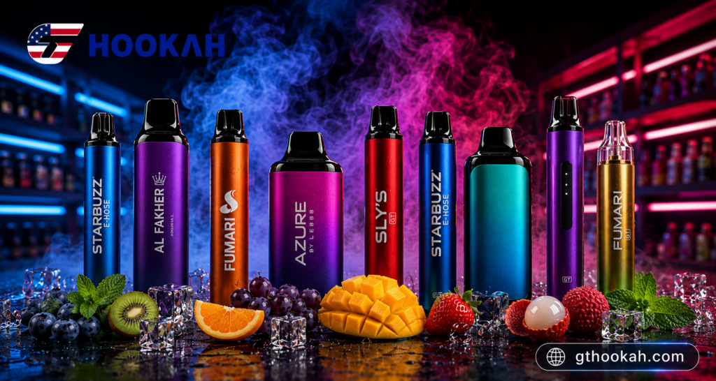 A lineup of colorful disposable hookah pens displayed with fresh fruits, ice cubes, and smoke effects in a retail-inspired setting with GT Hookah branding.