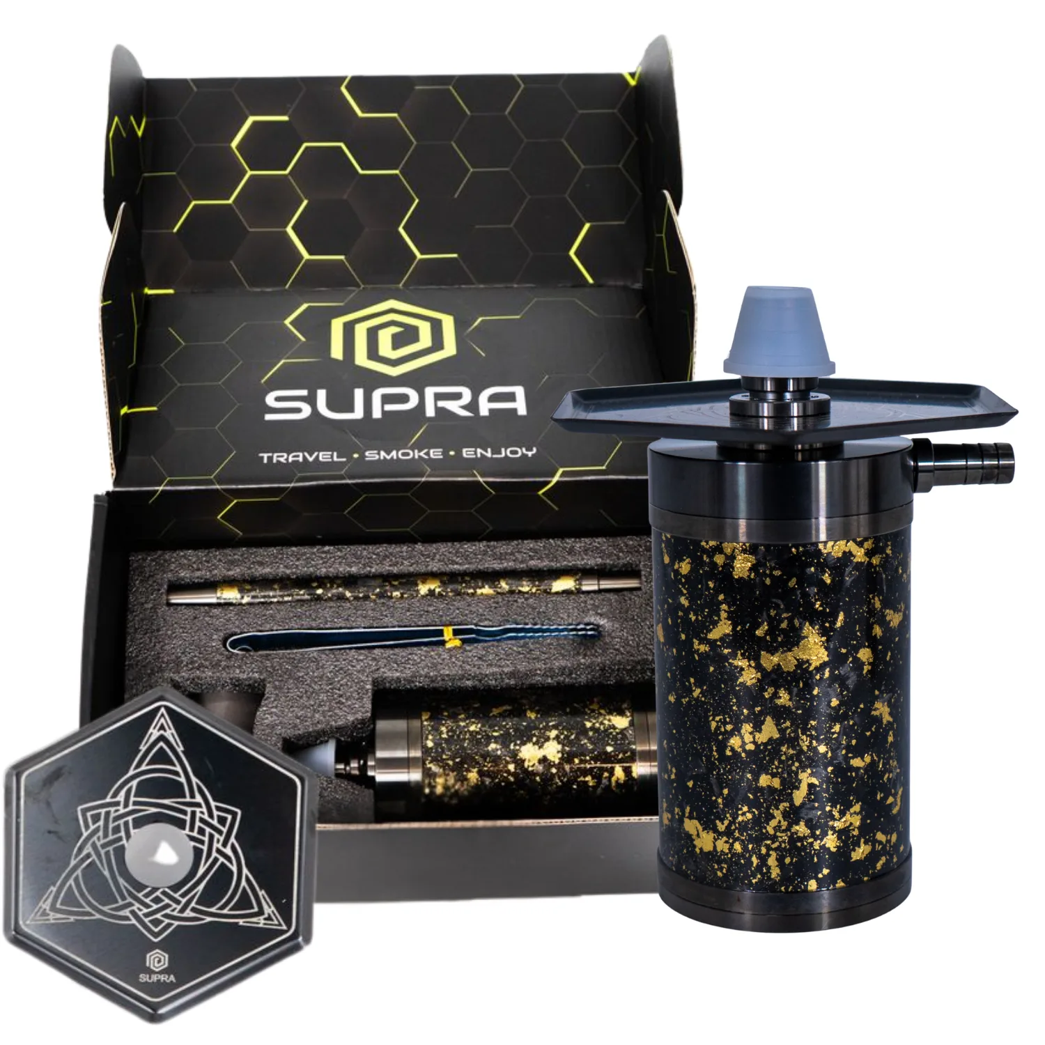 Supra Hexa – Gold and Dark Grey Premium Hookah with Modern Hexagonal Design